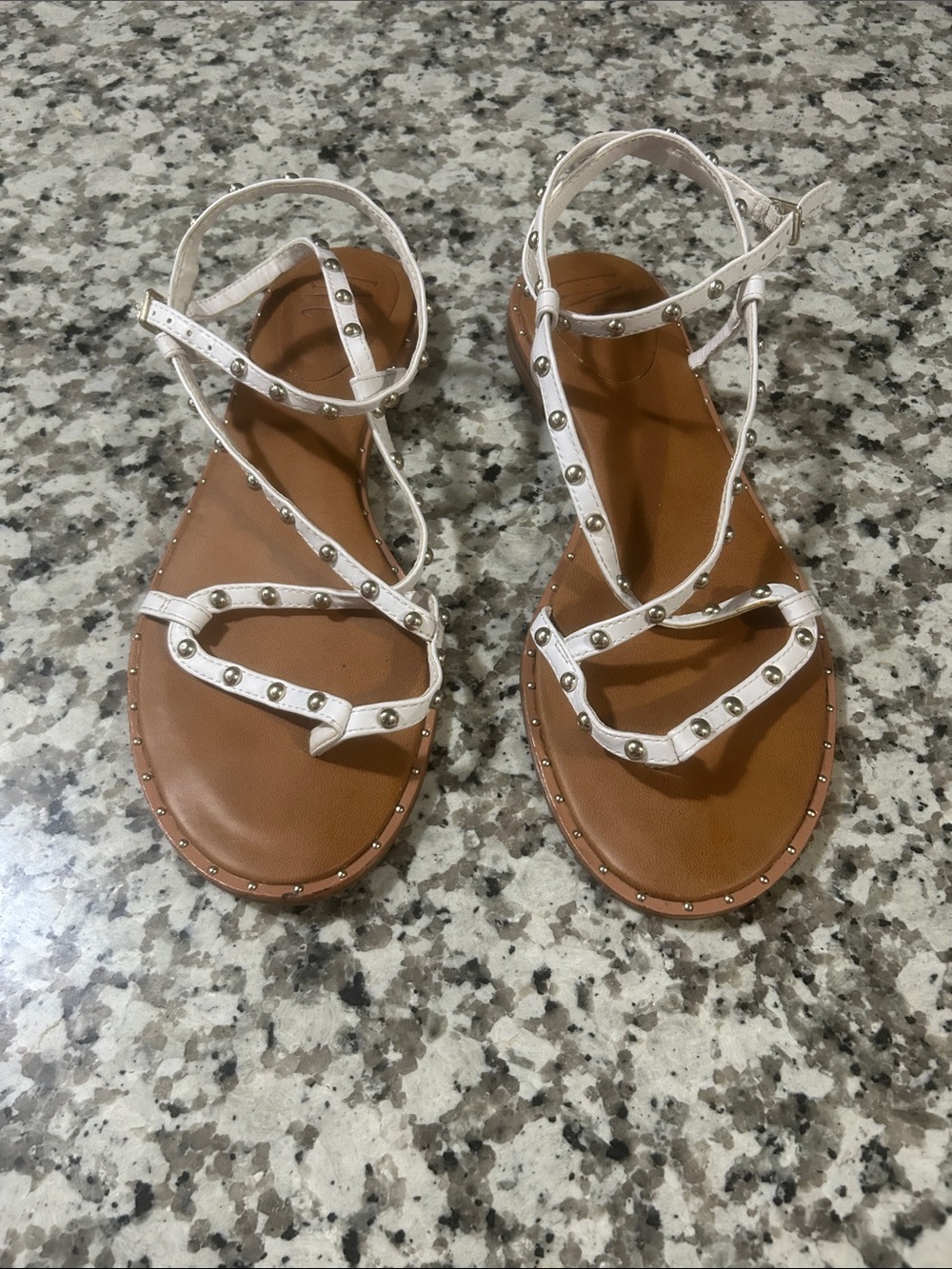 Studded White Strappy Women's Sandals with Tan Footbed